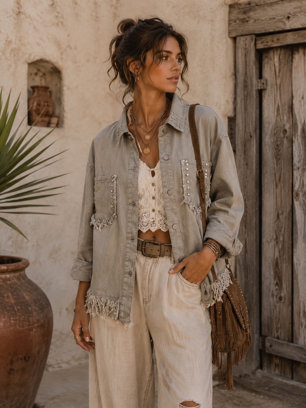 Savanna Jane Rhinestone Fray Seams Jean Jacket Taupe Womens Size Small Boxy
